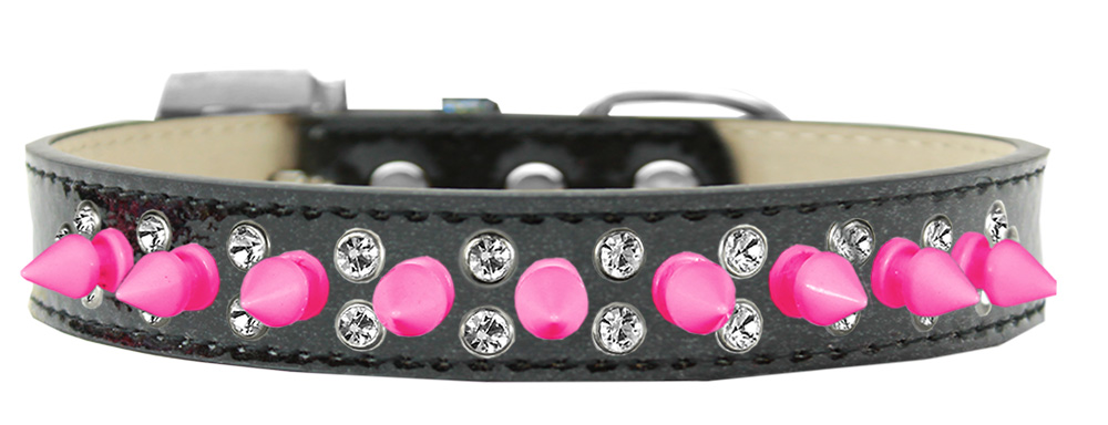 Double Crystal and Bright Pink Spikes Dog Collar Black Ice Cream Size 20